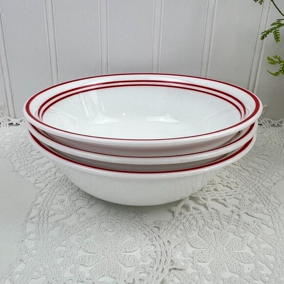 Corelle Vitrelle 3 Classic Cafe Red Coupe Cereal Soup Bowls White Red Band Edge - Picture 10 of 10